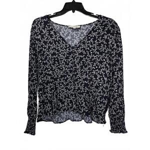 Ann Taylor Loft Navy Blue Floral Long Sleeve Blouse